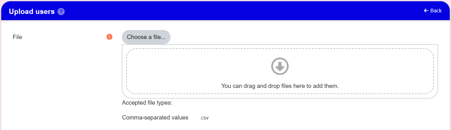 Bulk Upload Users file selection area
