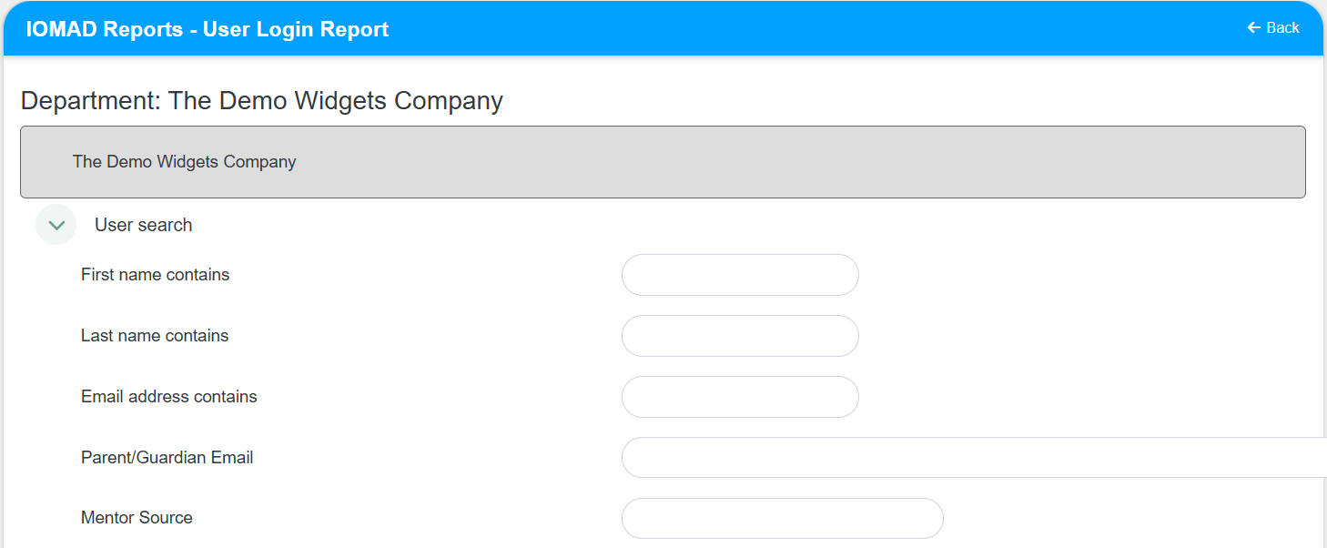 User Login Report filters